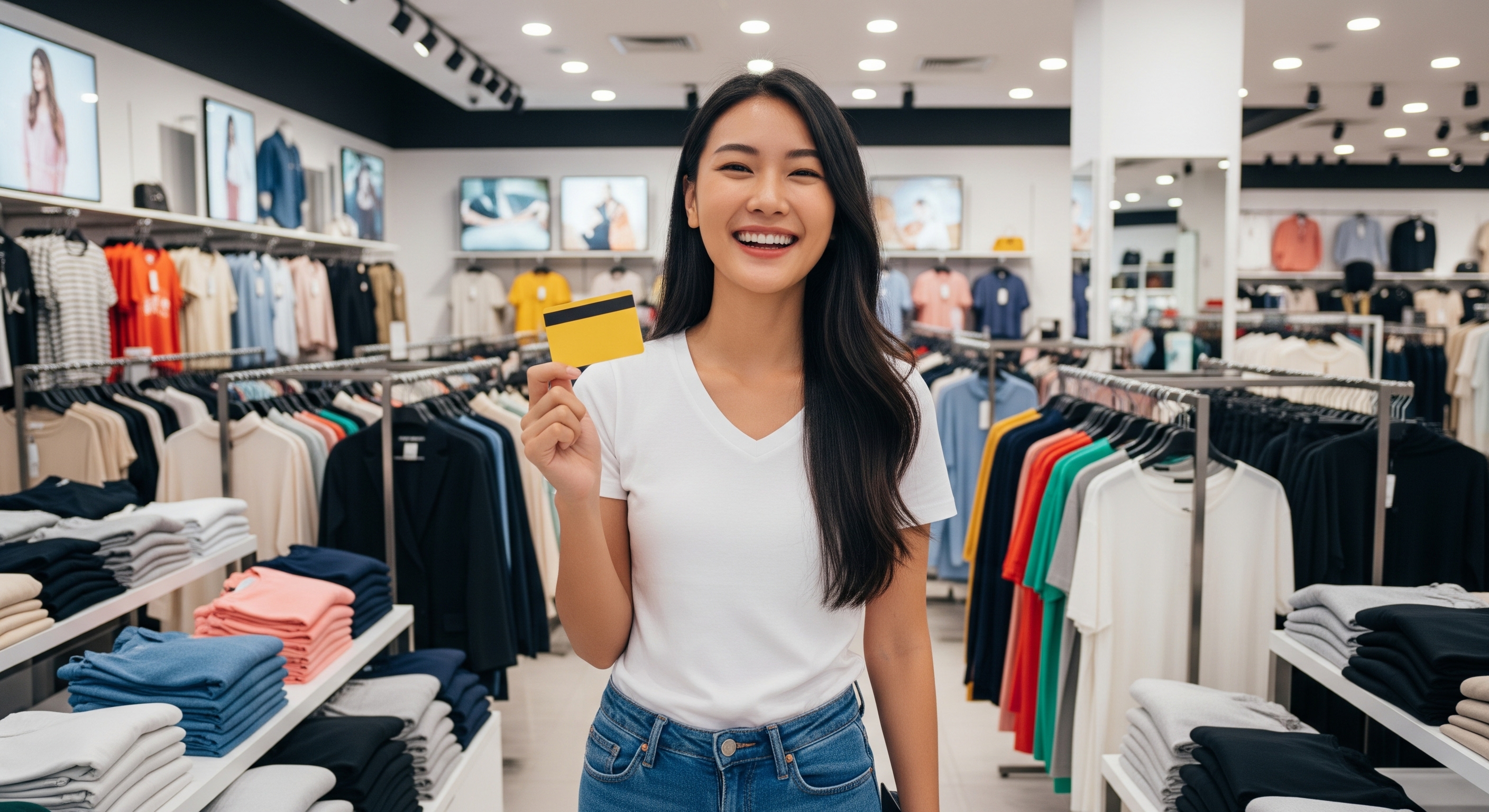 happy woman holding a gift card in the middle of a retail fashion store